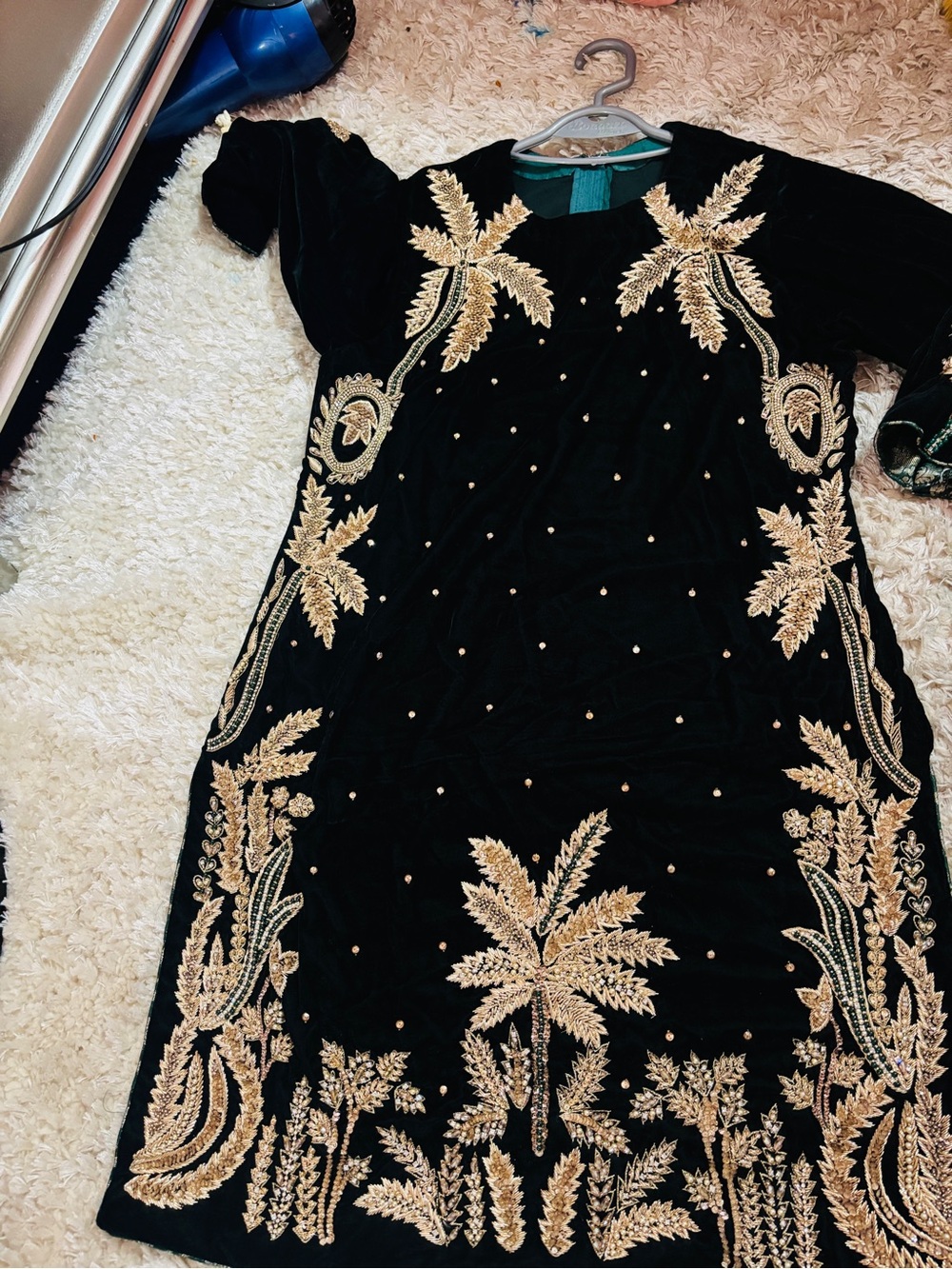 & Other Stories Black Velvet Long Sleeve Dress with Gold Embroidery